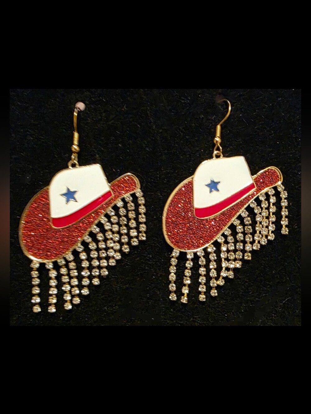 Cowgirl Hat Dangle Earrings w/Rhinestone Fringe